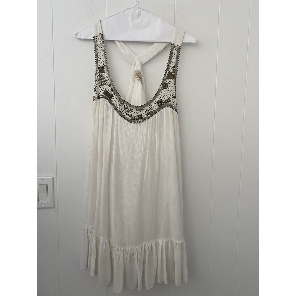 Trend Responsibly Beaded Boho Mini Dress Size S Festival Boutique White Metal
